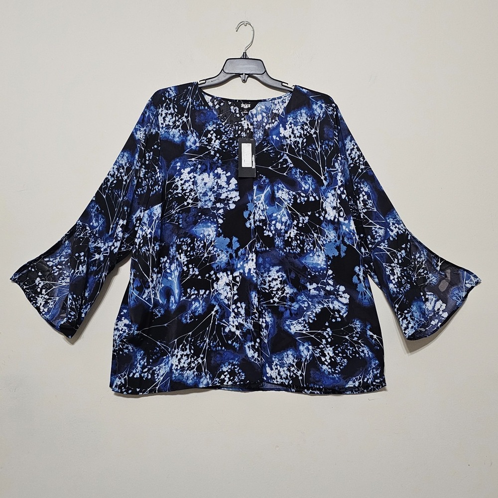 Slim Factor Woman‎ Top Blouse 3X Black Blue Pullover Vneck Slit Long Sleeves 765